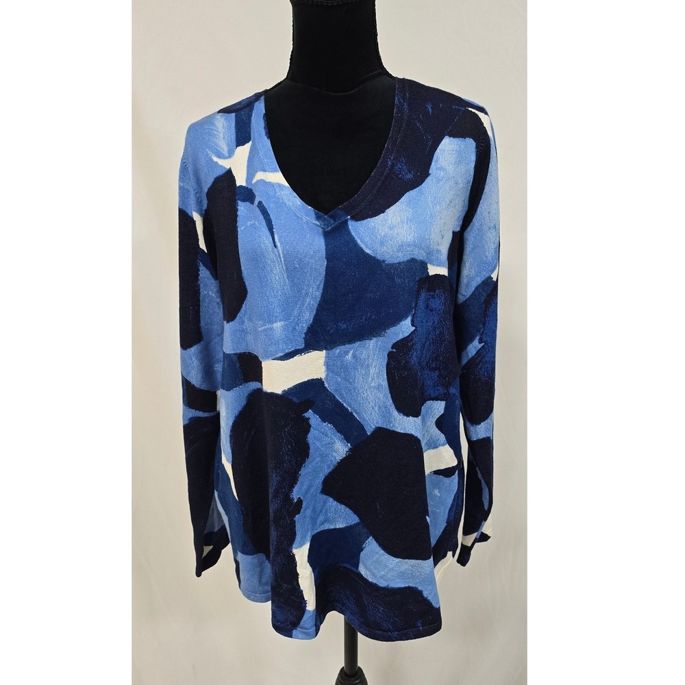 Chico's women XL pullover sweater printed blue v-neck abstract boho preppy